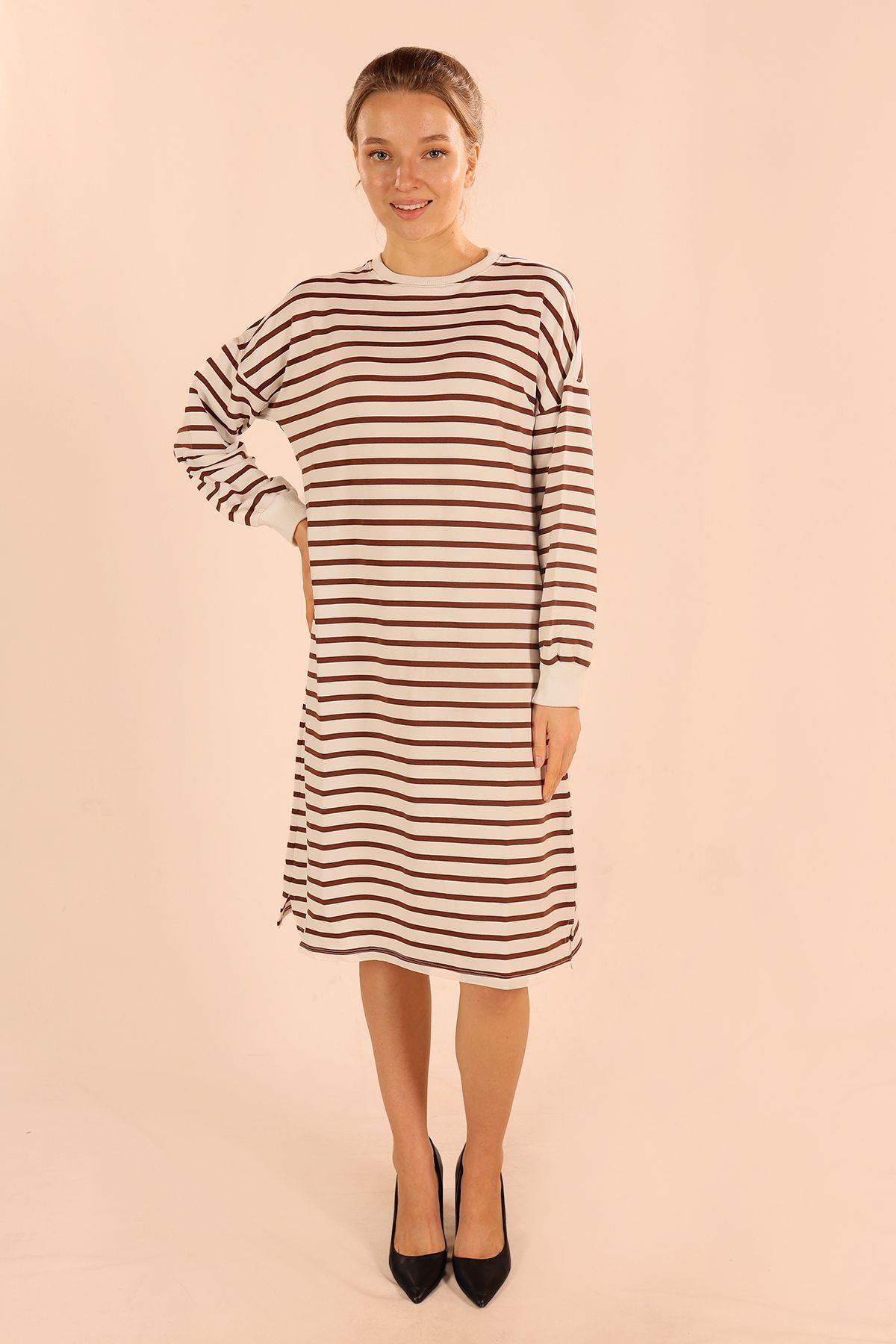 Kahve Çizgili Uzun Sweat 6810 - 1