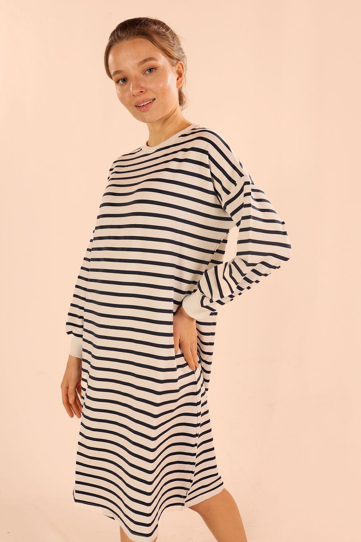 6810 Çizgili Uzun Sweat Laci - 4