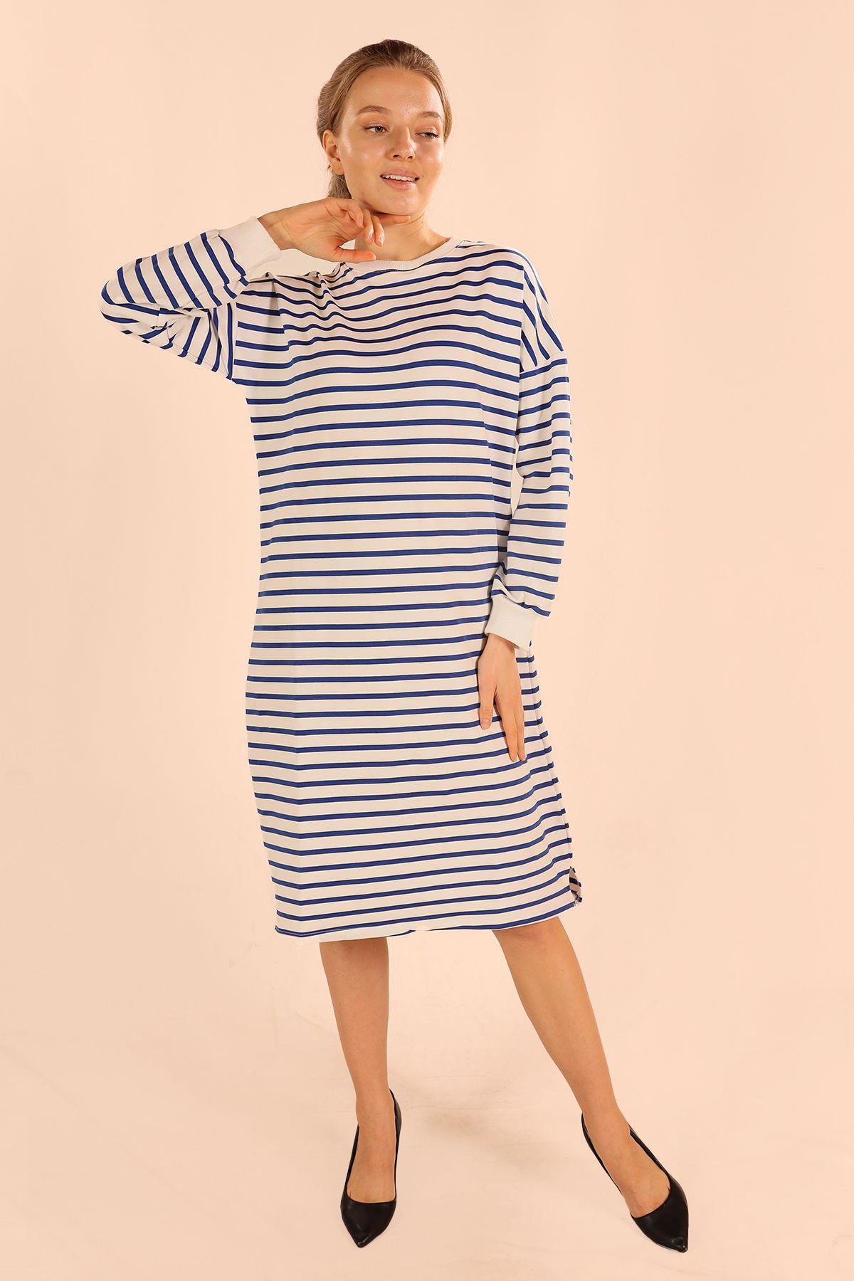 6810 Çizgili Uzun Sweat Saks - 1