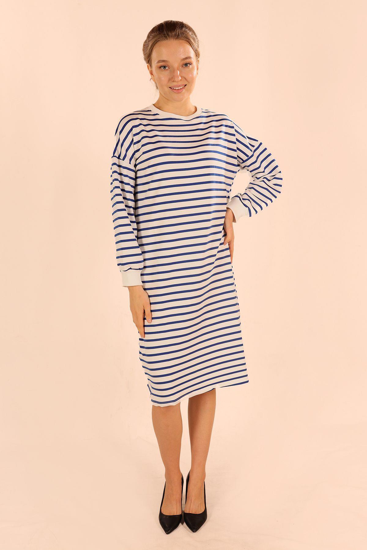 6810 Çizgili Uzun Sweat Saks - 2