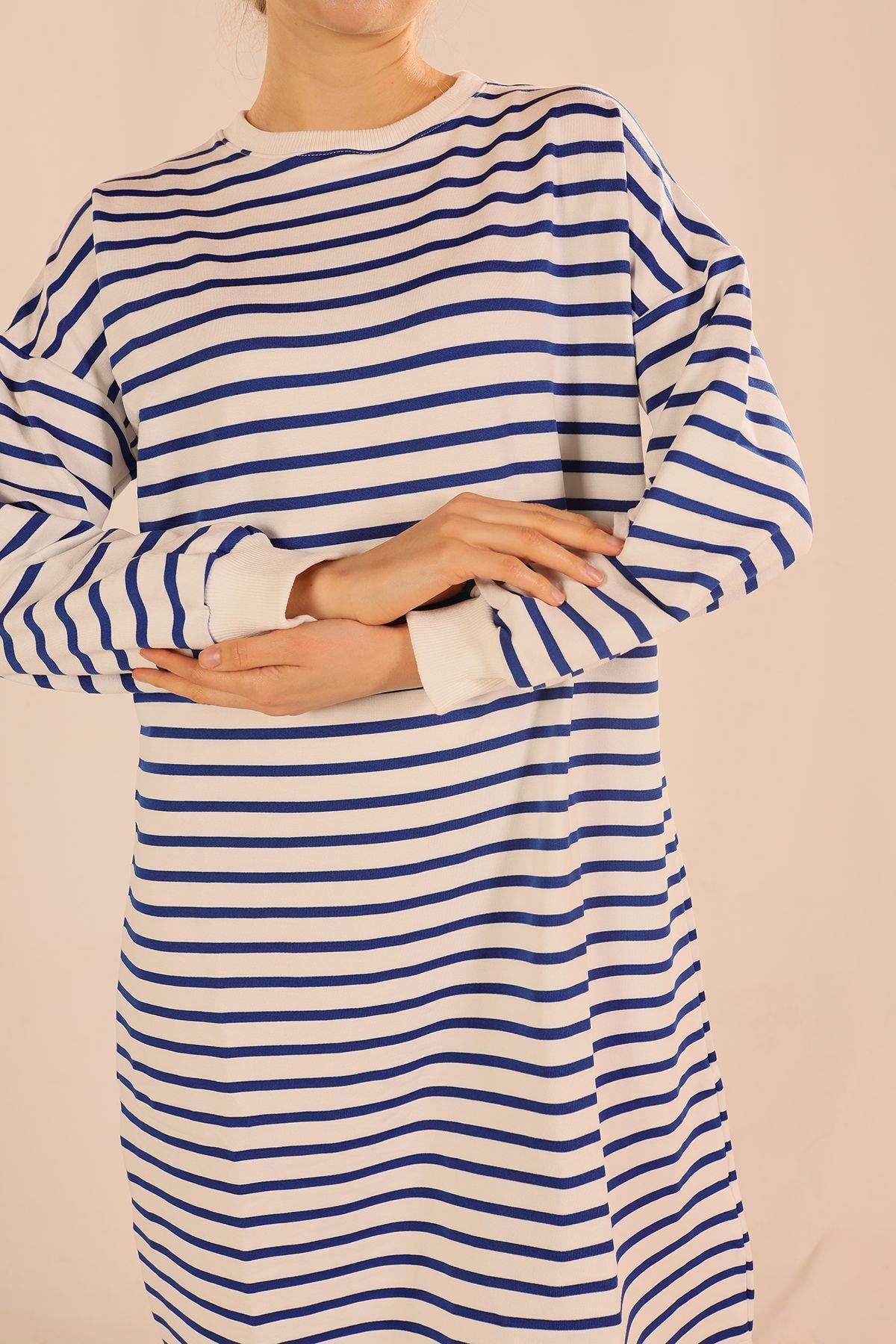 6810 Çizgili Uzun Sweat Saks - 4