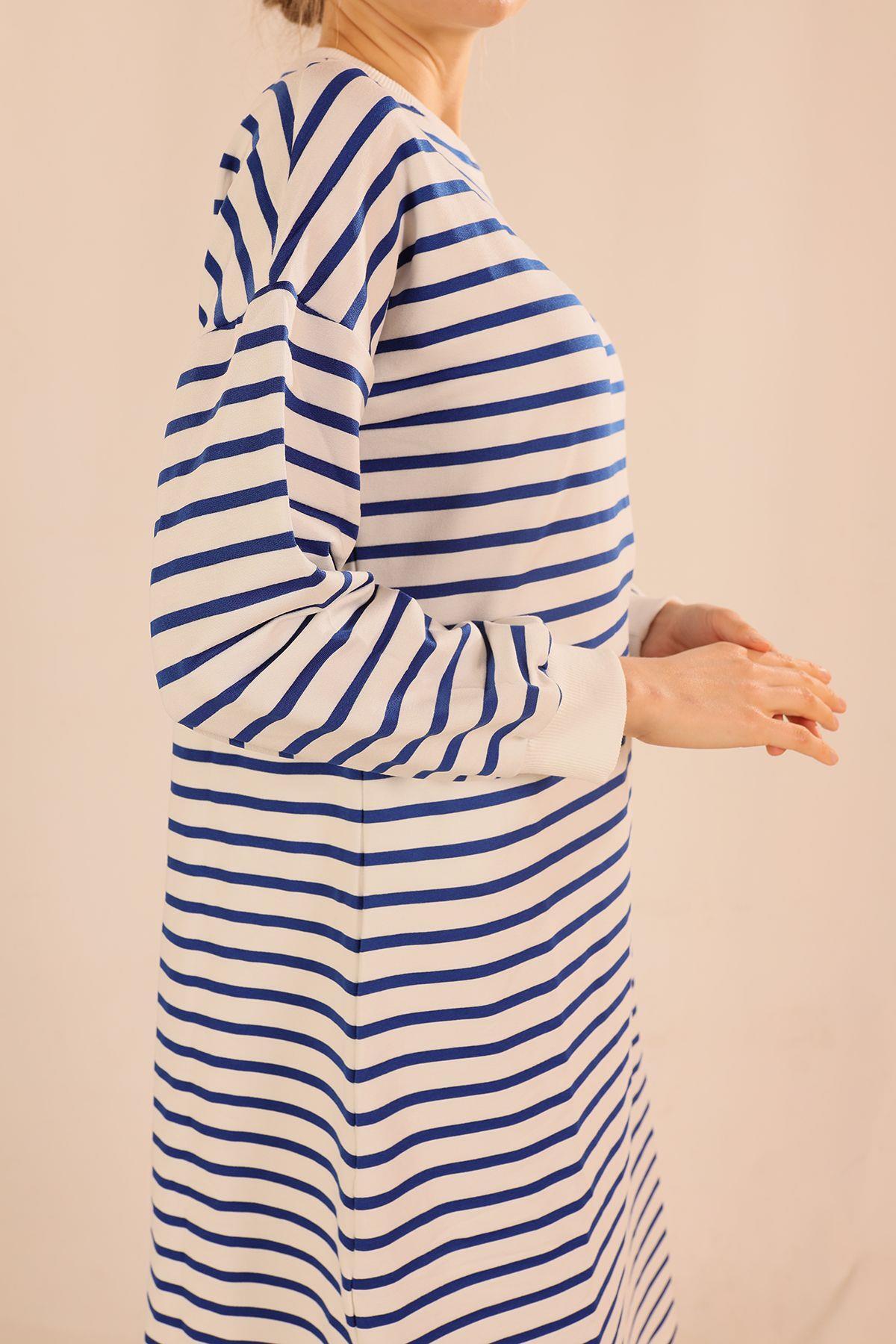 6810 Çizgili Uzun Sweat Saks - 5