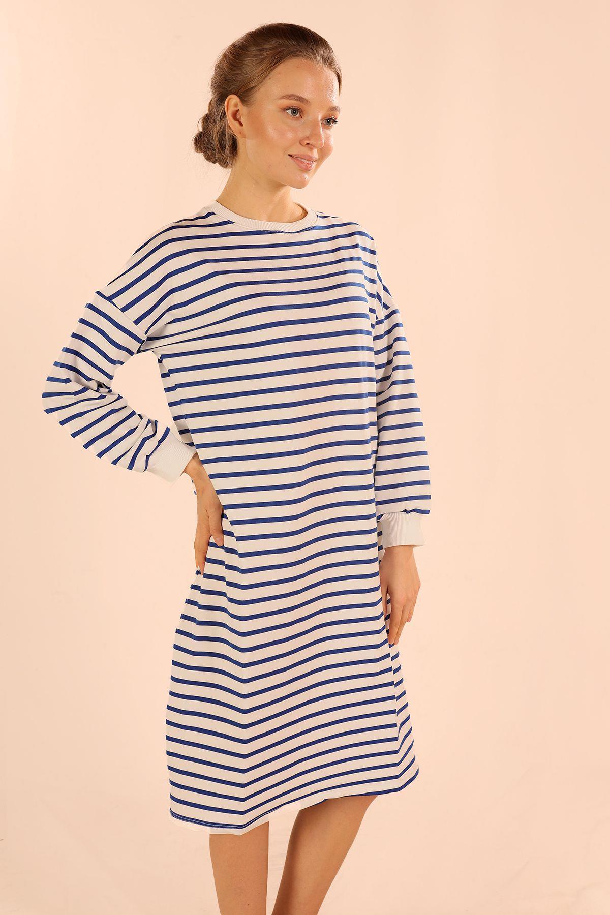 6810 Çizgili Uzun Sweat Saks - 6