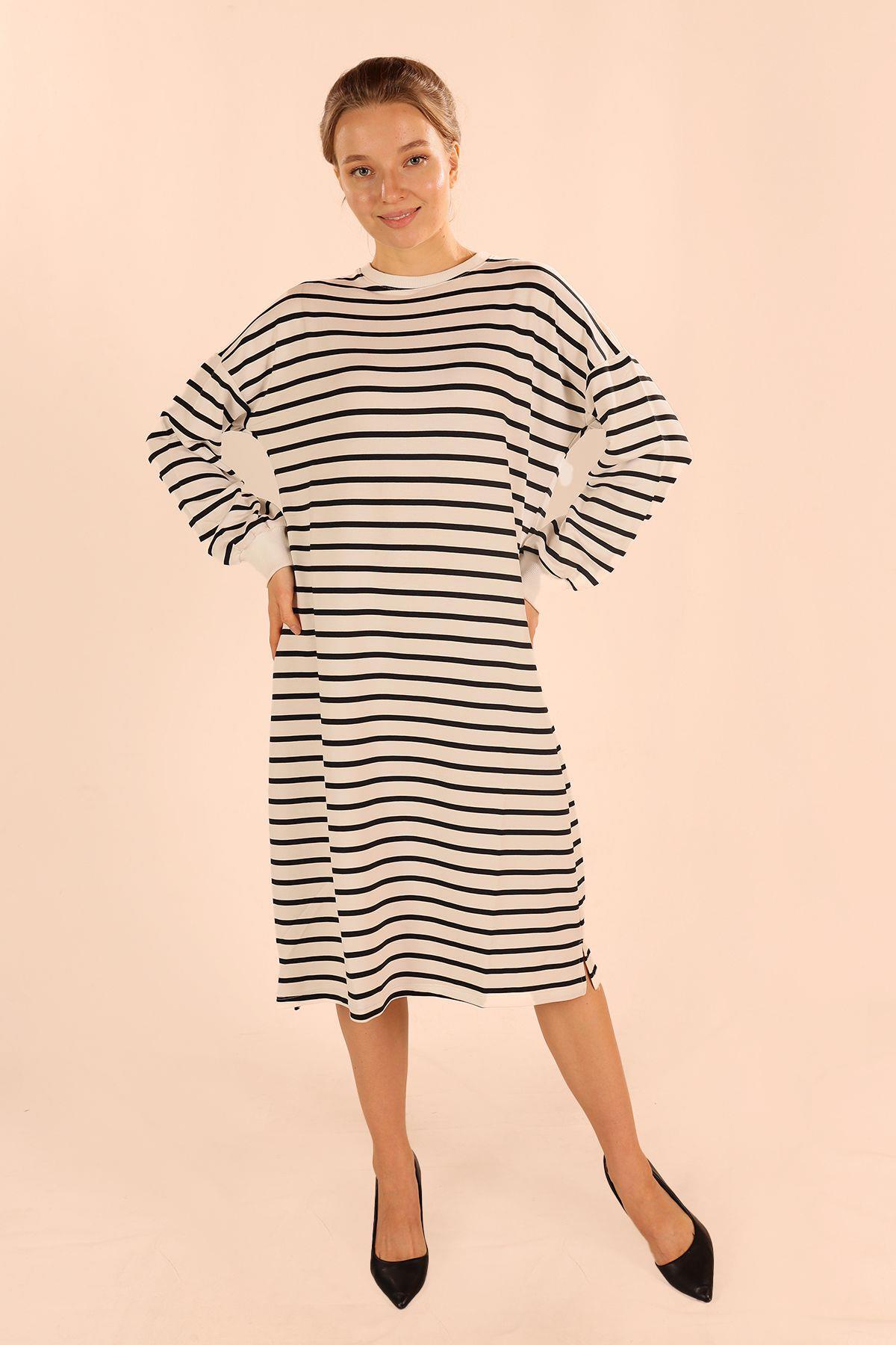 6810 Çizgili Uzun Sweat Siyah - 1