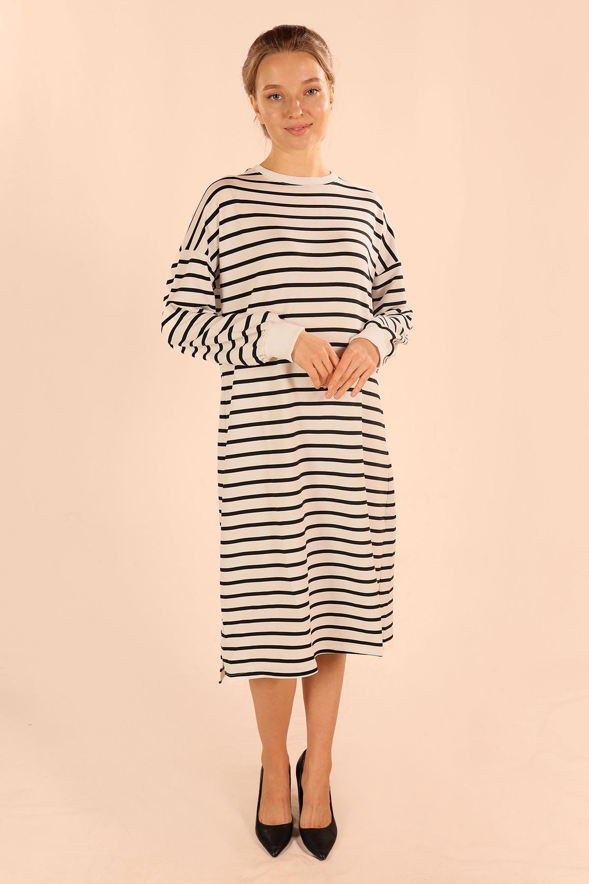 6810 Çizgili Uzun Sweat Siyah - 2