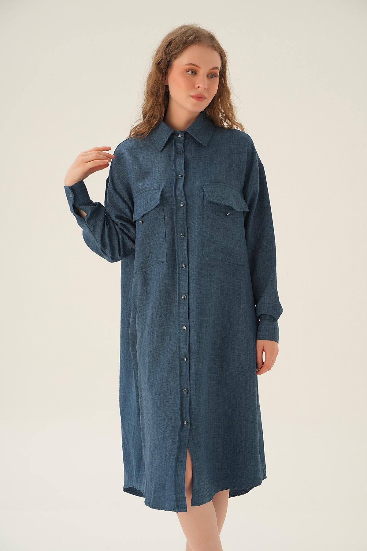 6829A Çift Cep Detay Tunik İndigo - 1