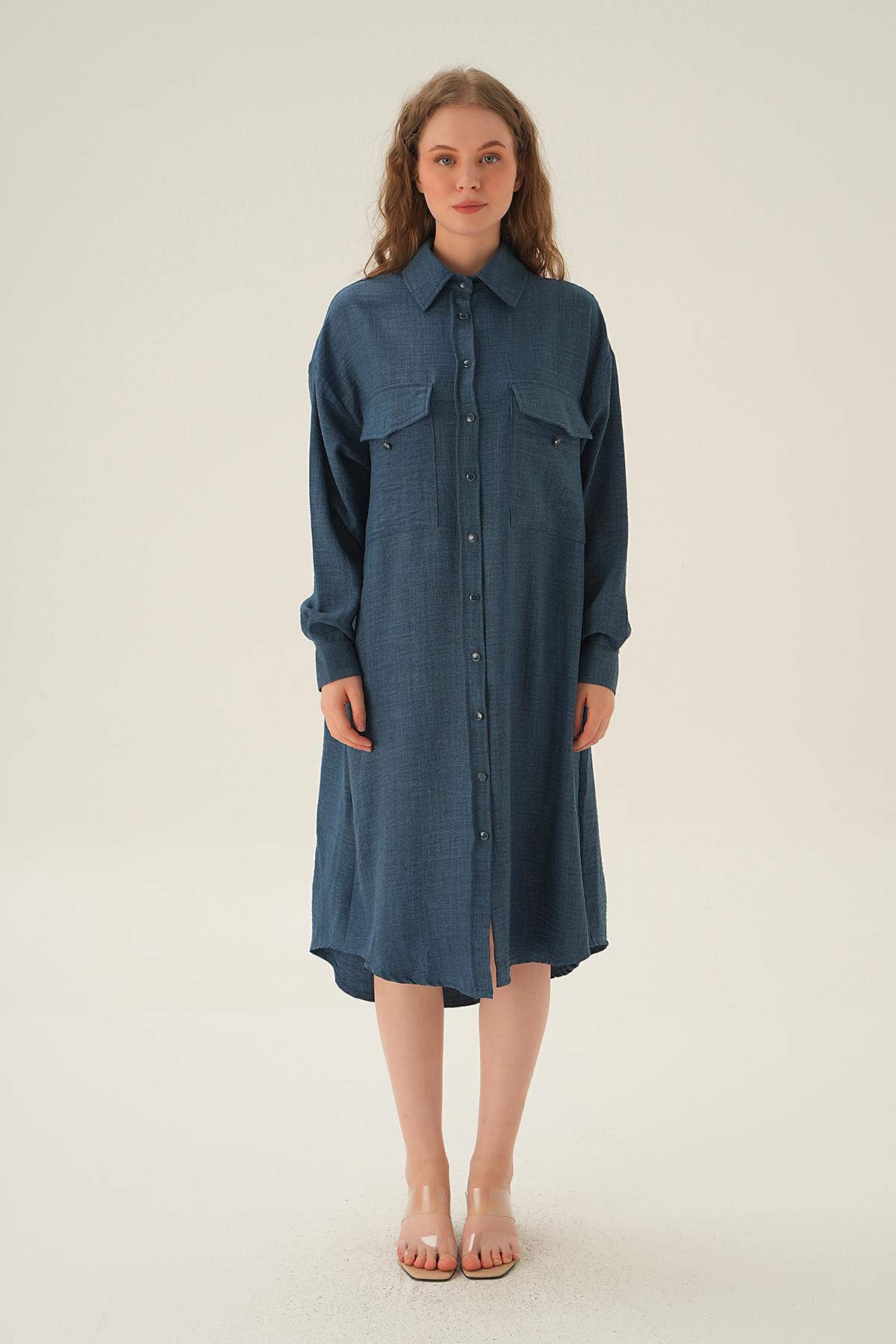 6829A Çift Cep Detay Tunik İndigo - 5