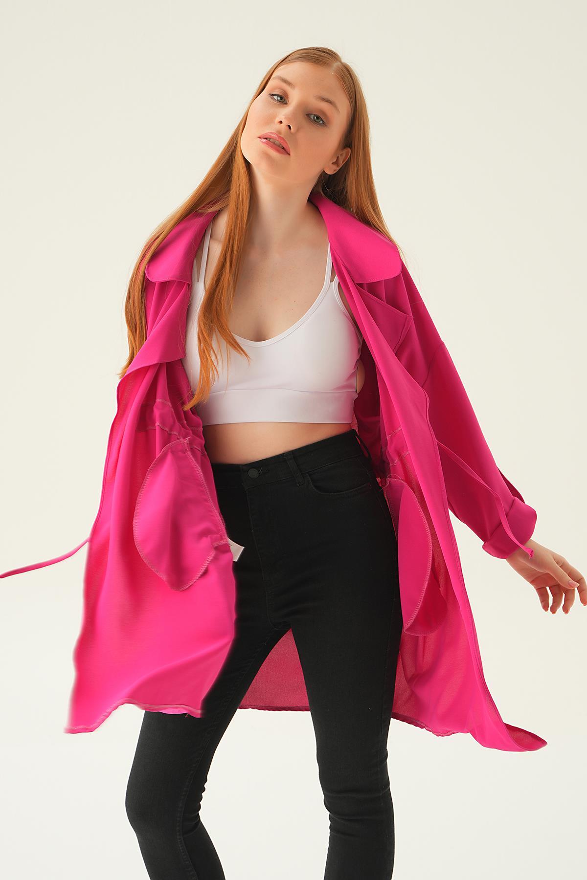 Fuşya Kol Katlama Bel Bağlamalı Ceket 6833A - 3