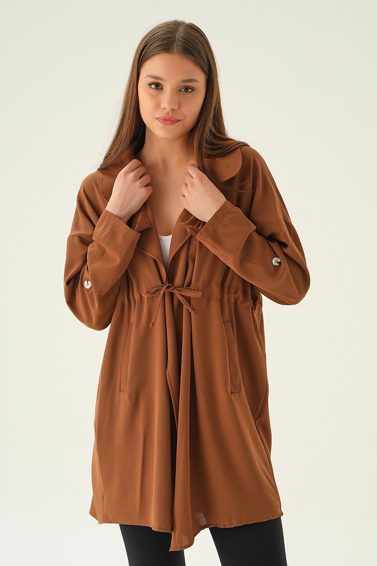 6833A Kol Katlama Bel Bağlamalı Ceket Kahve - 1