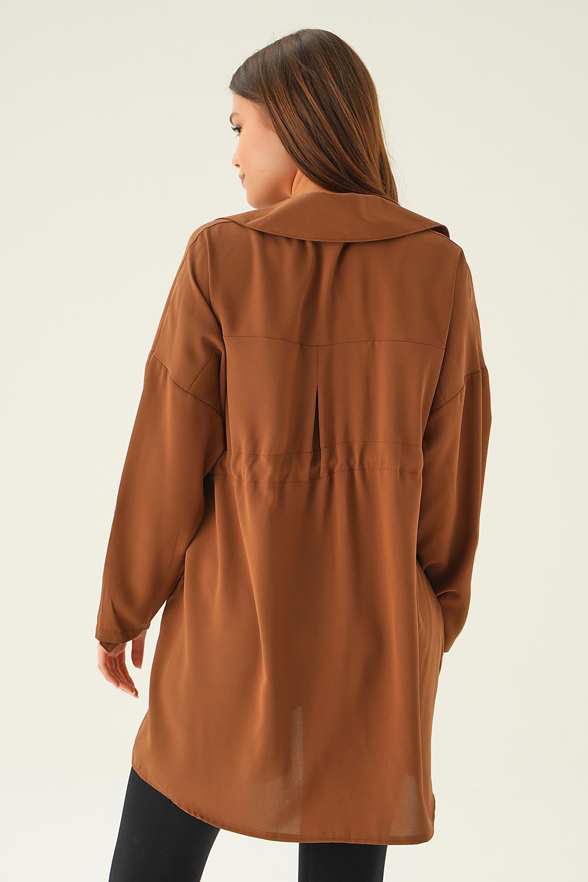 6833A Kol Katlama Bel Bağlamalı Ceket Kahve - 3