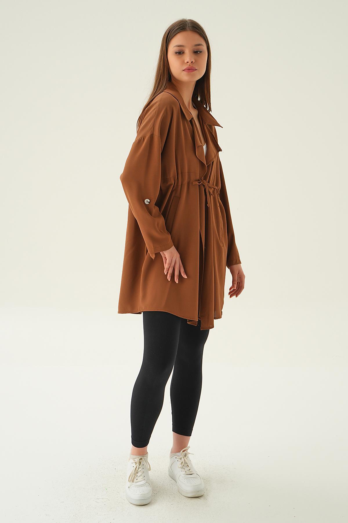 6833A Kol Katlama Bel Bağlamalı Ceket Kahve - 5