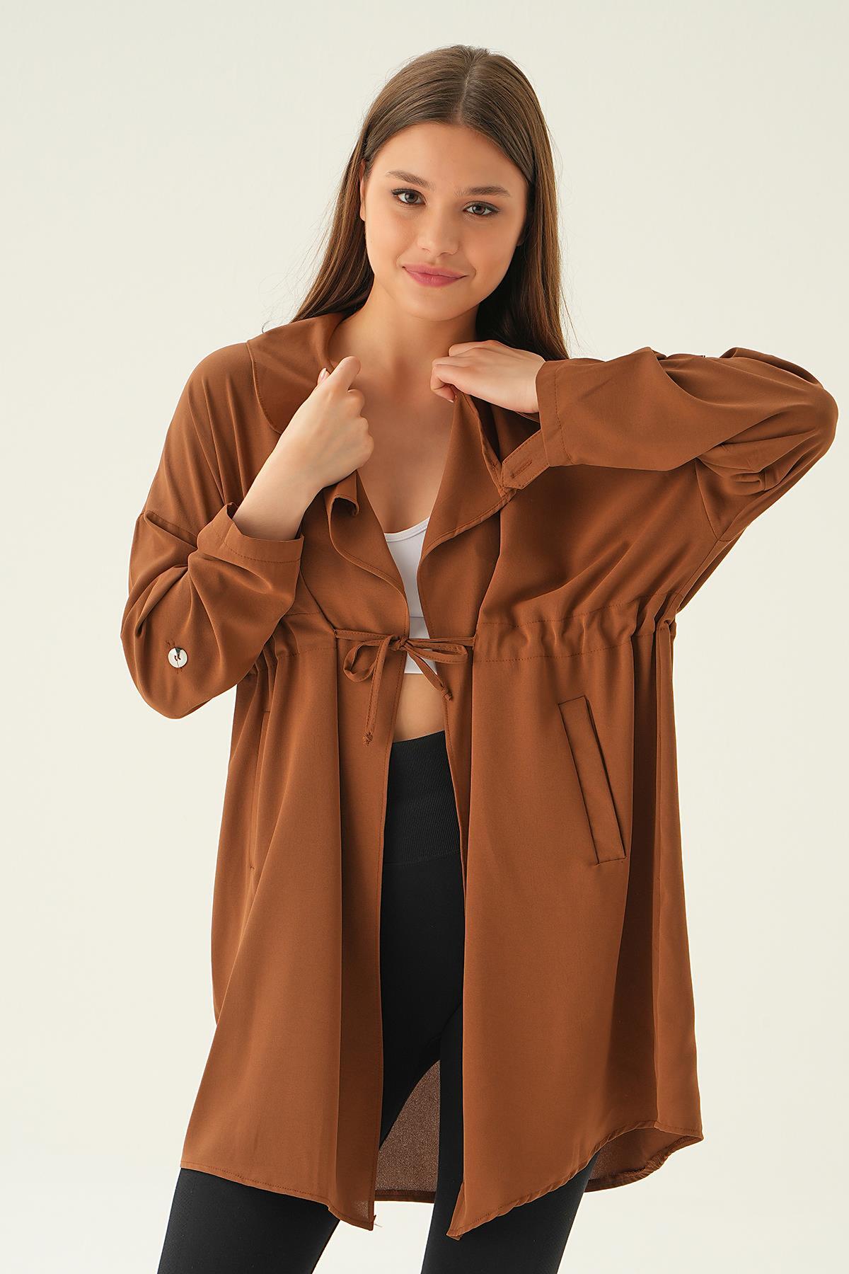 Kahve Kol Katlama Bel Bağlamalı Ceket 6833A - 2