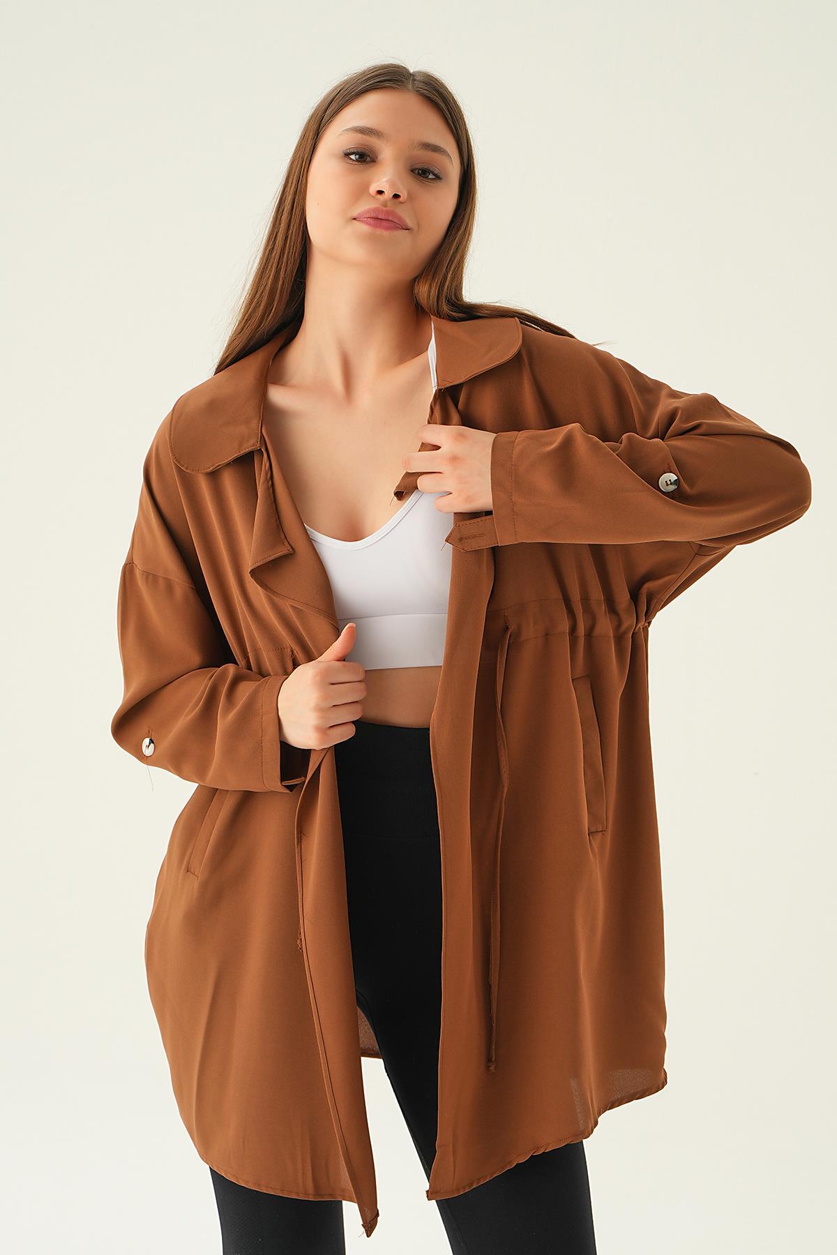 Kahve Kol Katlama Bel Bağlamalı Ceket 6833A - 4