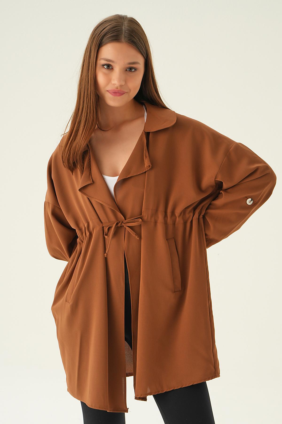 Kahve Kol Katlama Bel Bağlamalı Ceket 6833A - 6