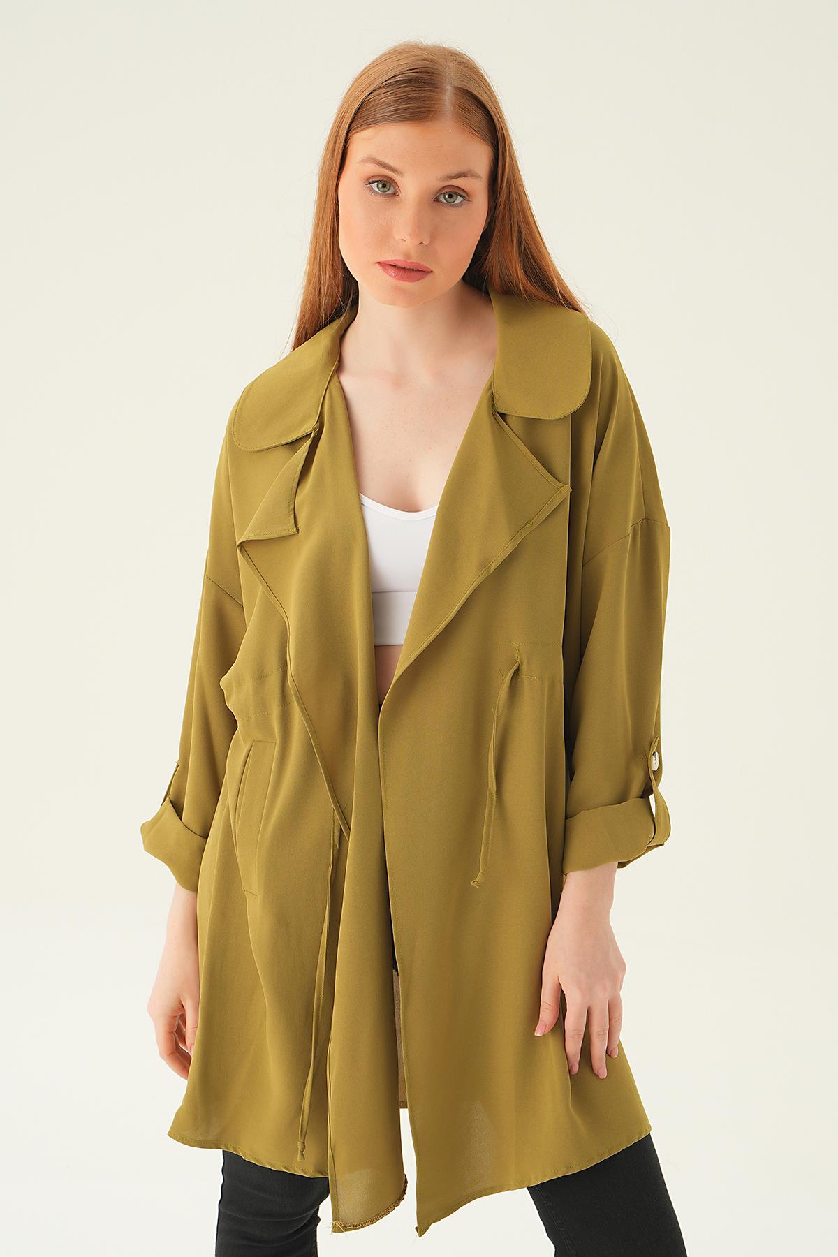 6833A Kol Katlama Bel Bağlamalı Ceket Olive Yeşili 