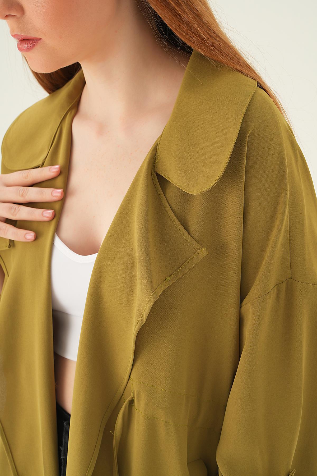6833A Kol Katlama Bel Bağlamalı Ceket Olive Yeşili - 2