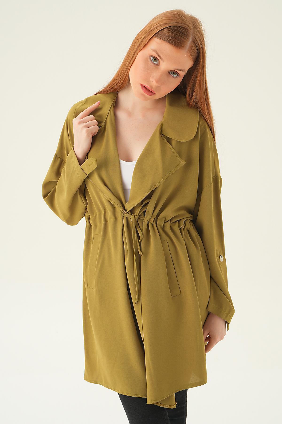 6833A Kol Katlama Bel Bağlamalı Ceket Olive Yeşili - 3