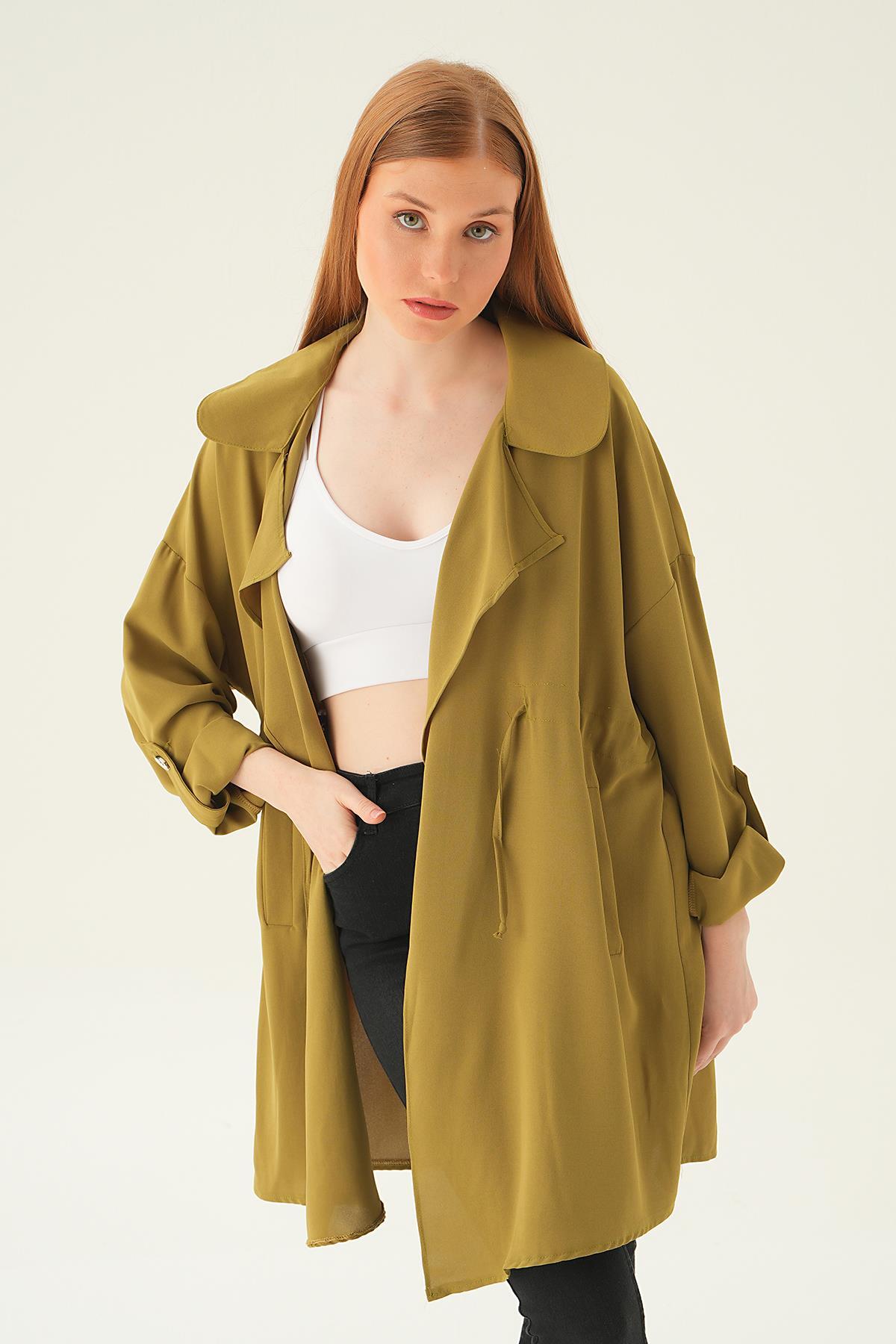 6833A Kol Katlama Bel Bağlamalı Ceket Olive Yeşili - 4