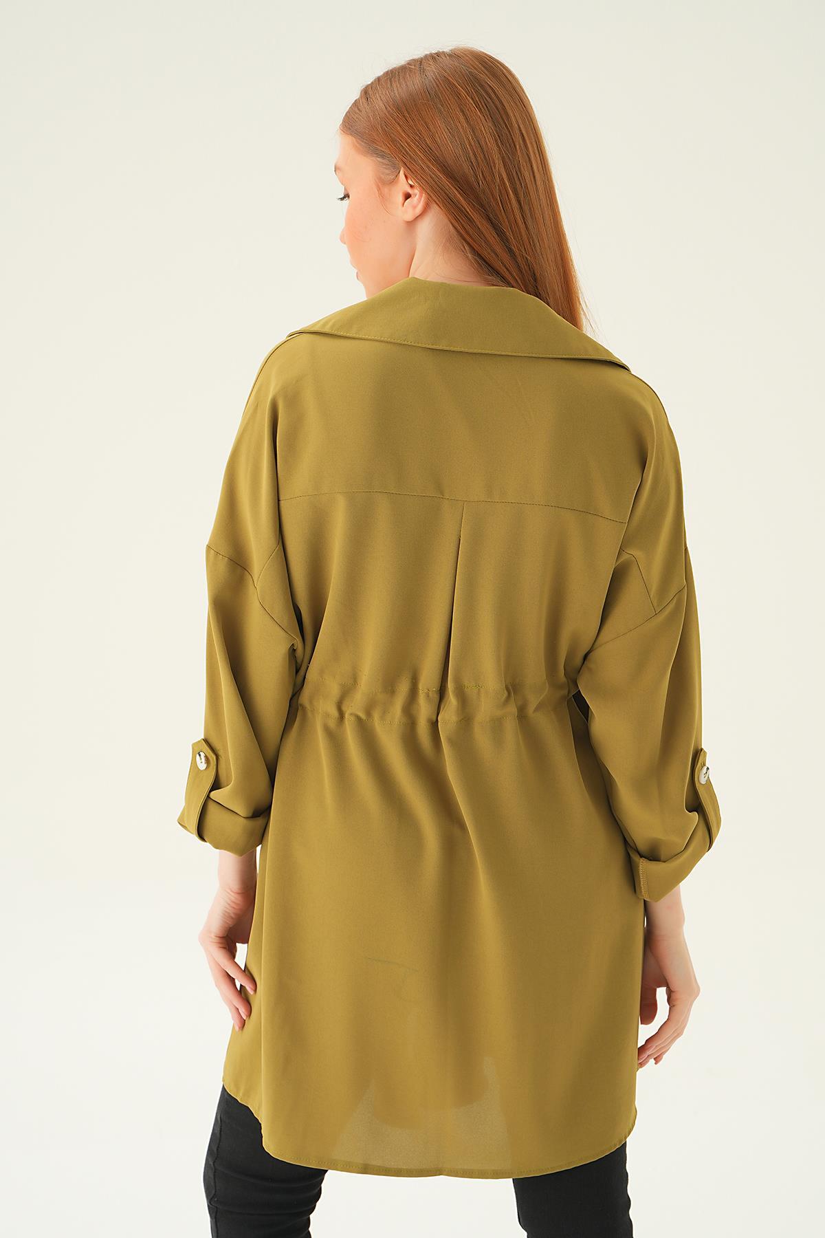 Olive Yeşili Kol Katlama Bel Bağlamalı Ceket 6833A - 5