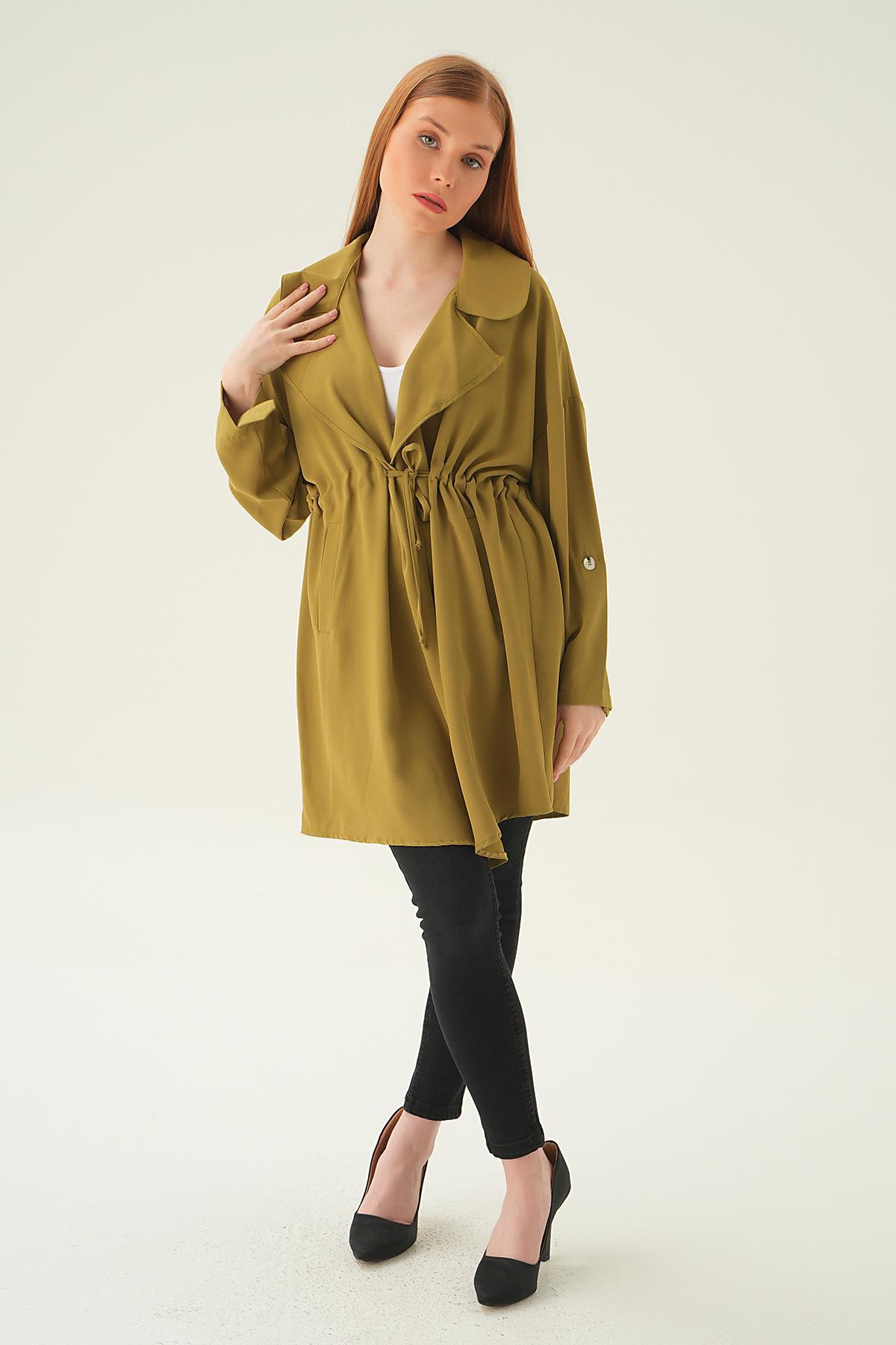 Olive Yeşili Kol Katlama Bel Bağlamalı Ceket 6833A - 6