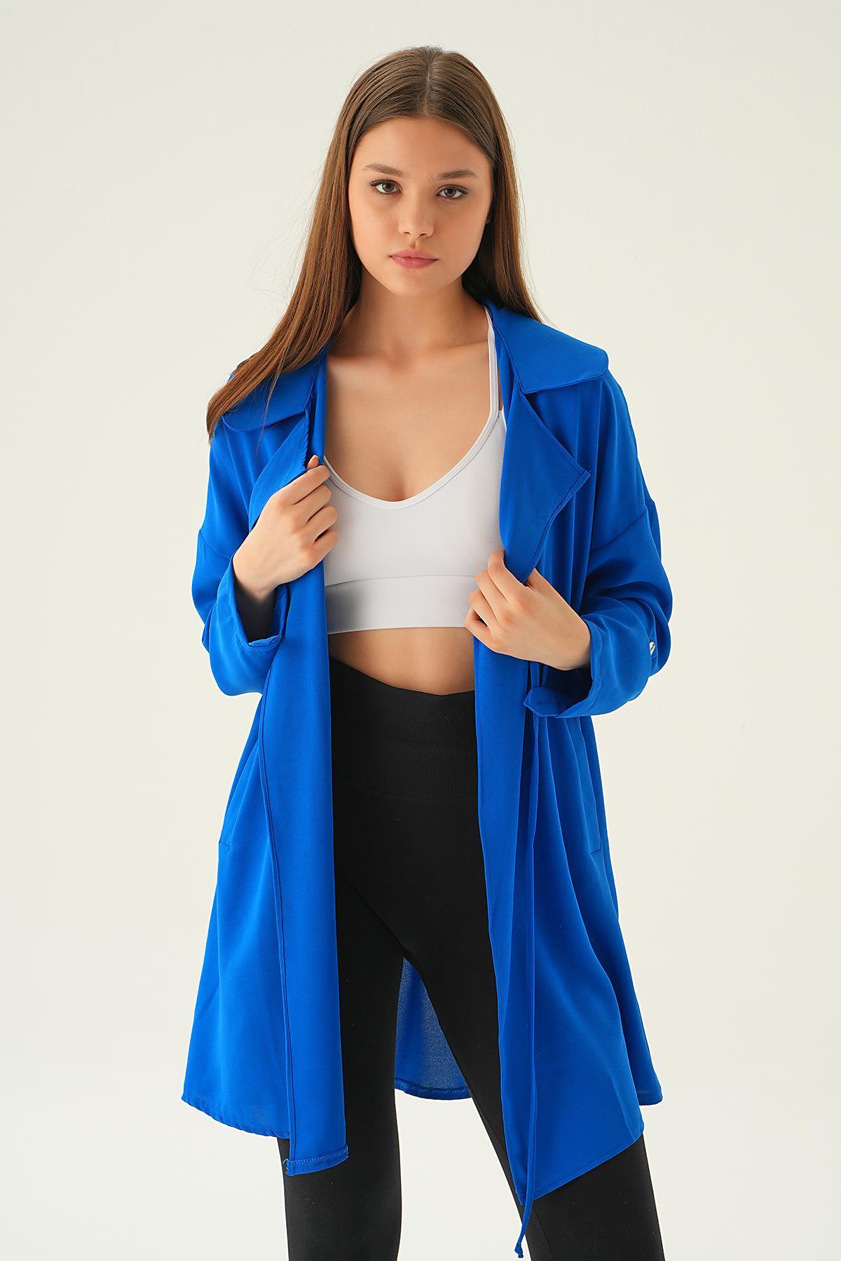 6833A Kol Katlama Bel Bağlamalı Ceket Saks 