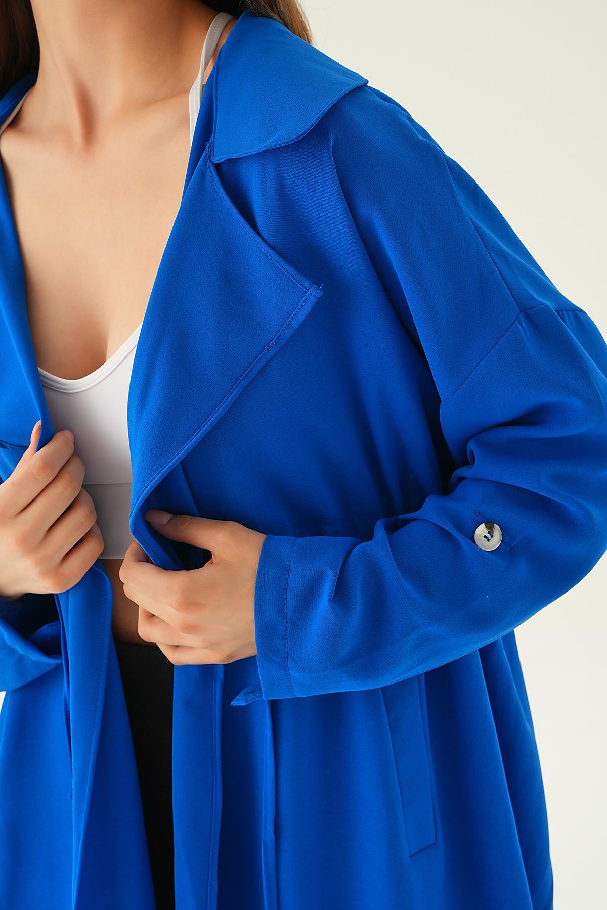 6833A Kol Katlama Bel Bağlamalı Ceket Saks - 2