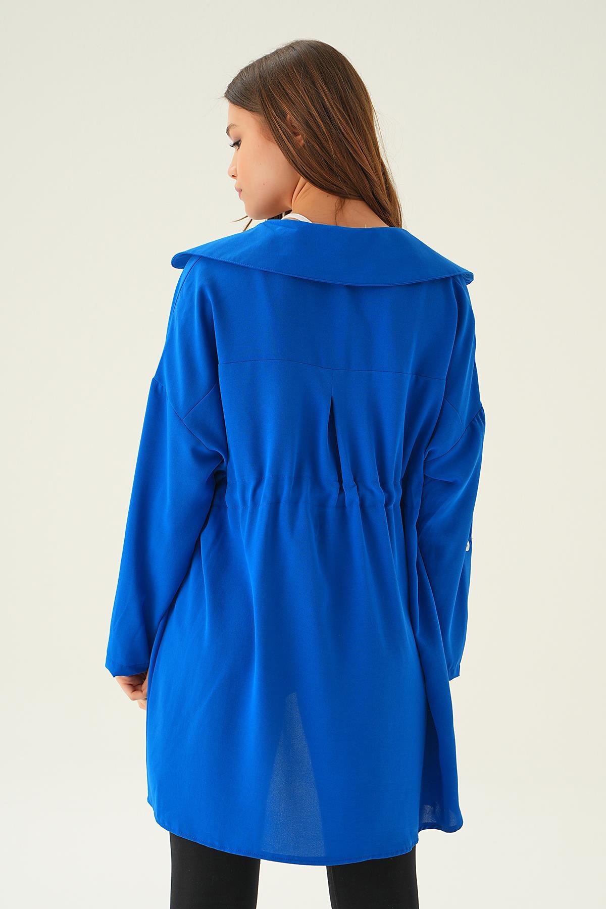 6833A Kol Katlama Bel Bağlamalı Ceket Saks - 5