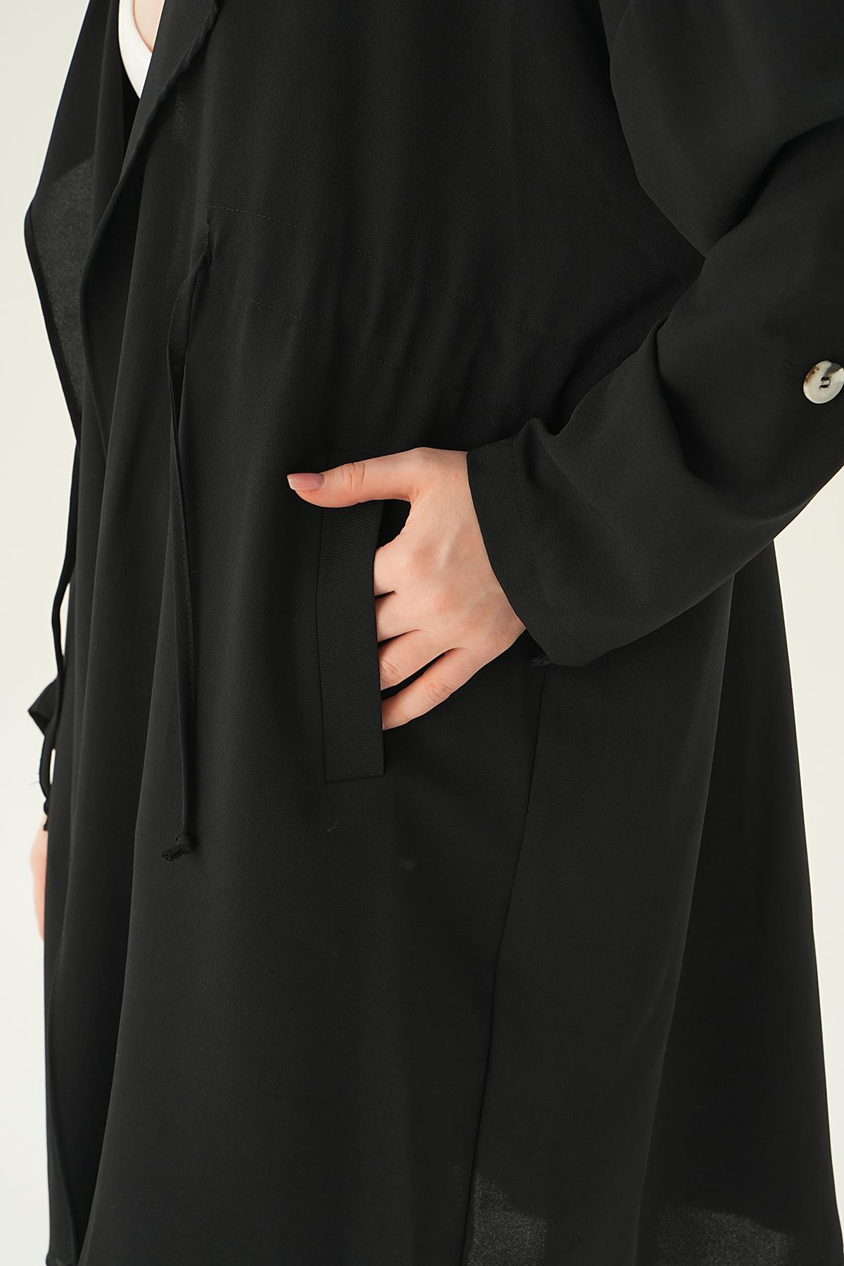 6833A Kol Katlama Bel Bağlamalı Ceket Siyah - 2