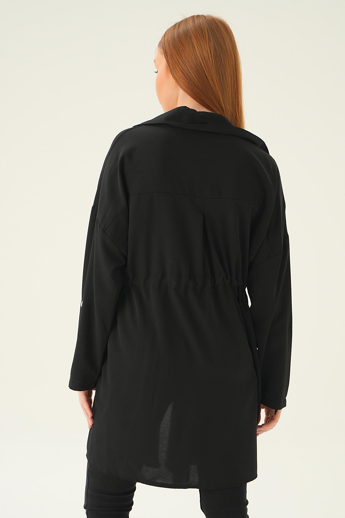 6833A Kol Katlama Bel Bağlamalı Ceket Siyah - 6