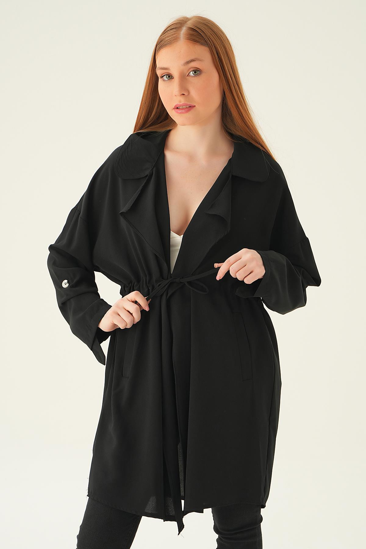 6833A Kol Katlama Bel Bağlamalı Ceket Siyah - 1