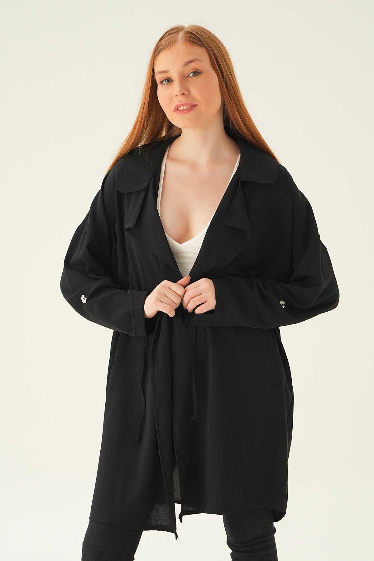 Siyah Kol Katlama Bel Bağlamalı Ceket 6833A - 3