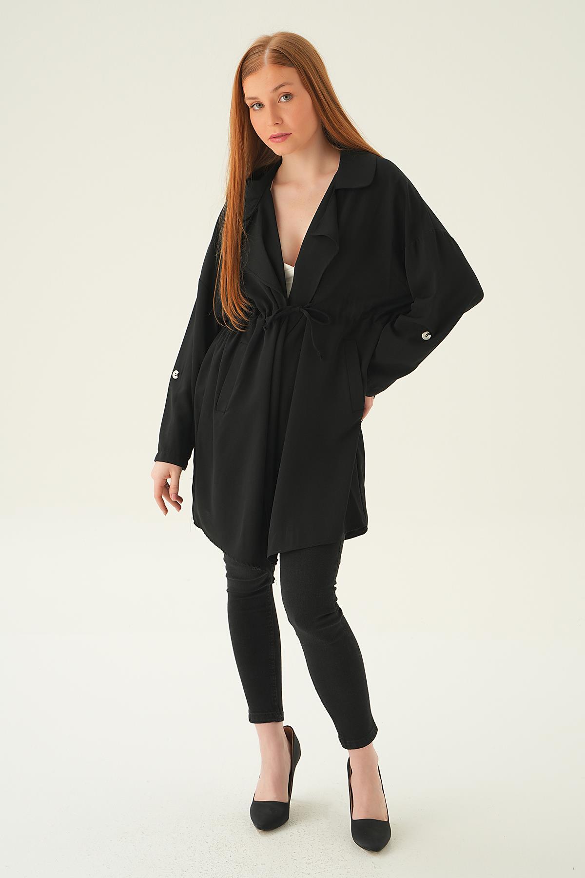 Siyah Kol Katlama Bel Bağlamalı Ceket 6833A - 4
