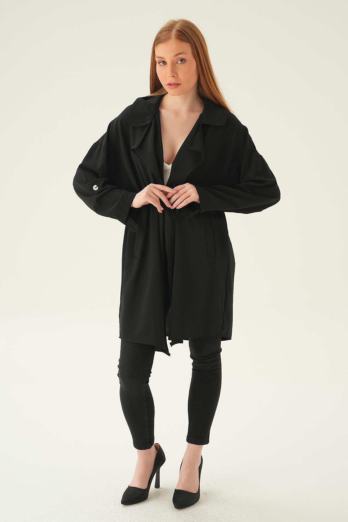 Siyah Kol Katlama Bel Bağlamalı Ceket 6833A - 5