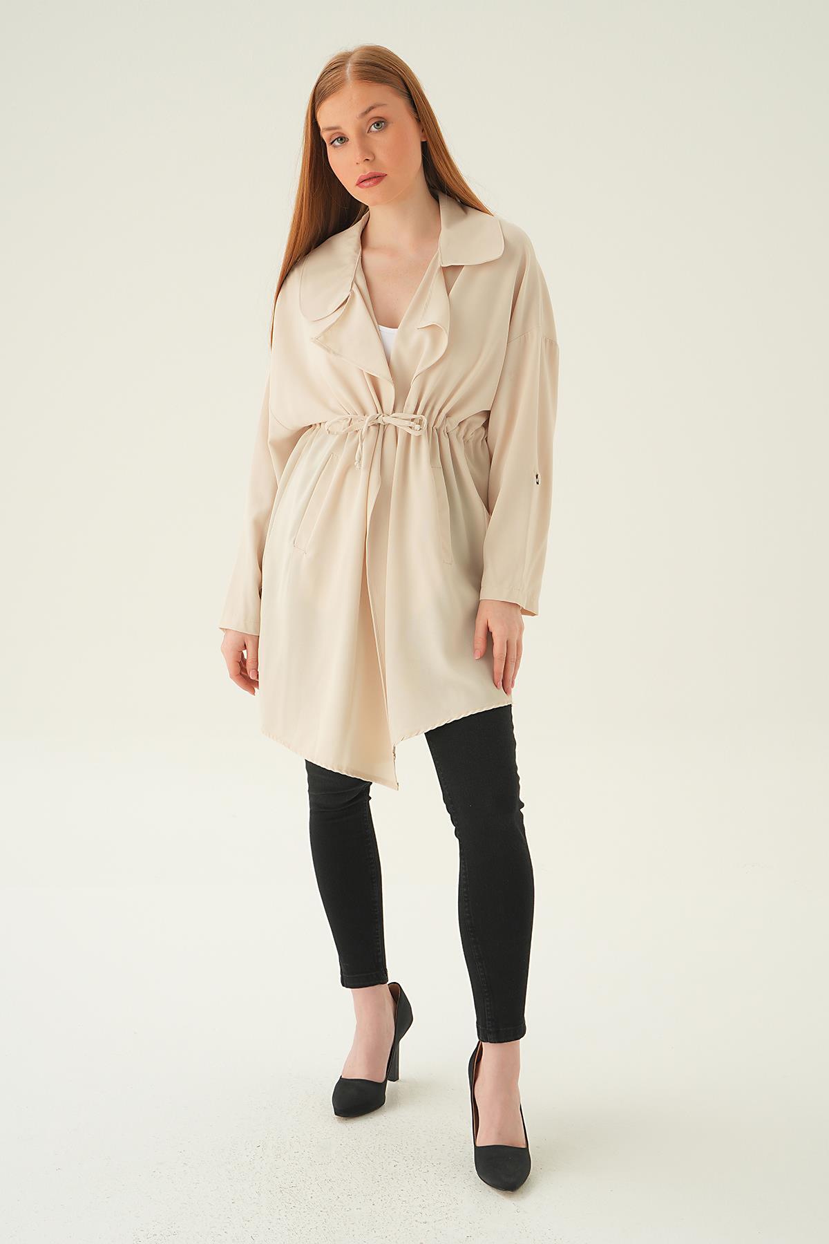 6833A Kol Katlama Bel Bağlamalı Ceket Taş - 3