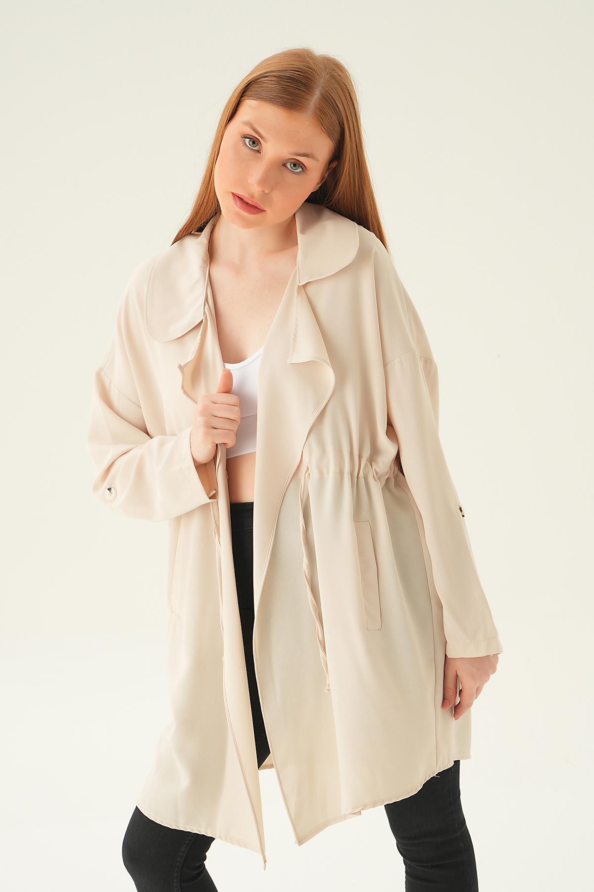 6833A Kol Katlama Bel Bağlamalı Ceket Taş - 4