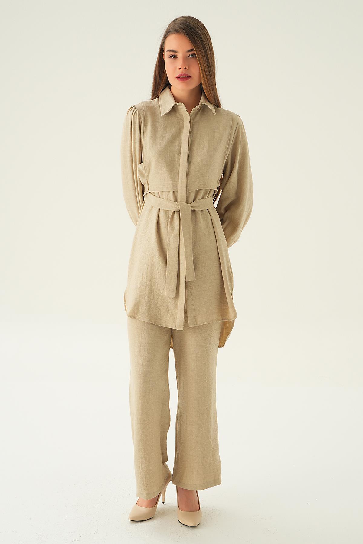6835A Bağlamalı Tunik Pantolon Takım Bej - 3