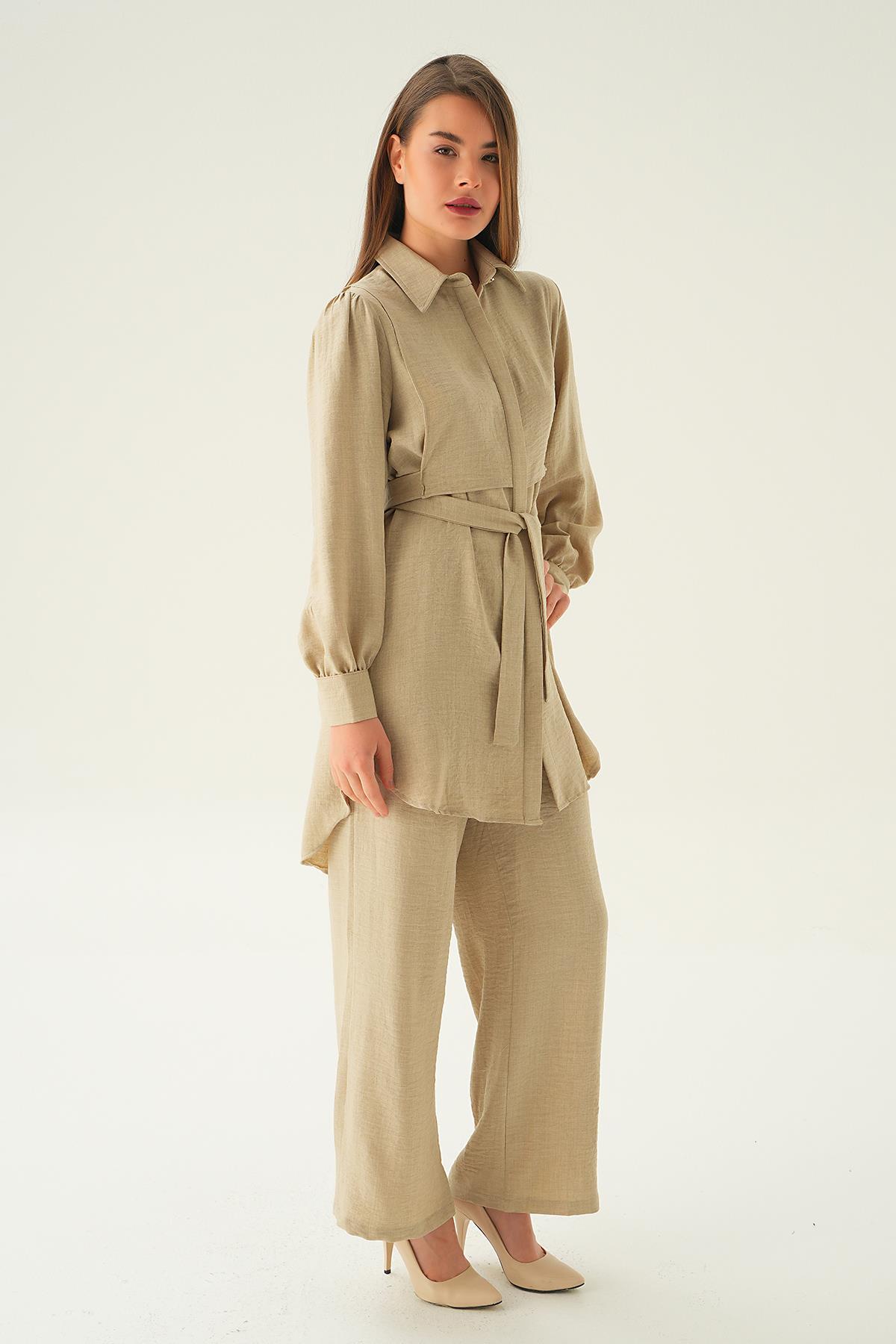 Bej Bağlamalı Tunik Pantolon Takım 6835A - 1