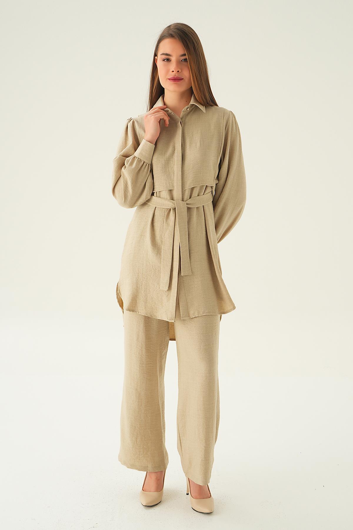 Bej Bağlamalı Tunik Pantolon Takım 6835A - 4