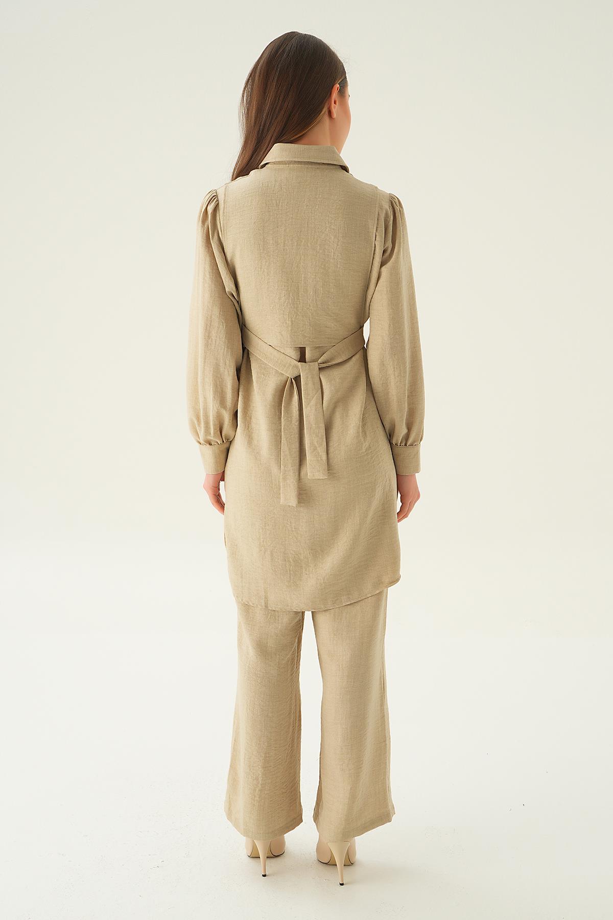Bej Bağlamalı Tunik Pantolon Takım 6835A - 6