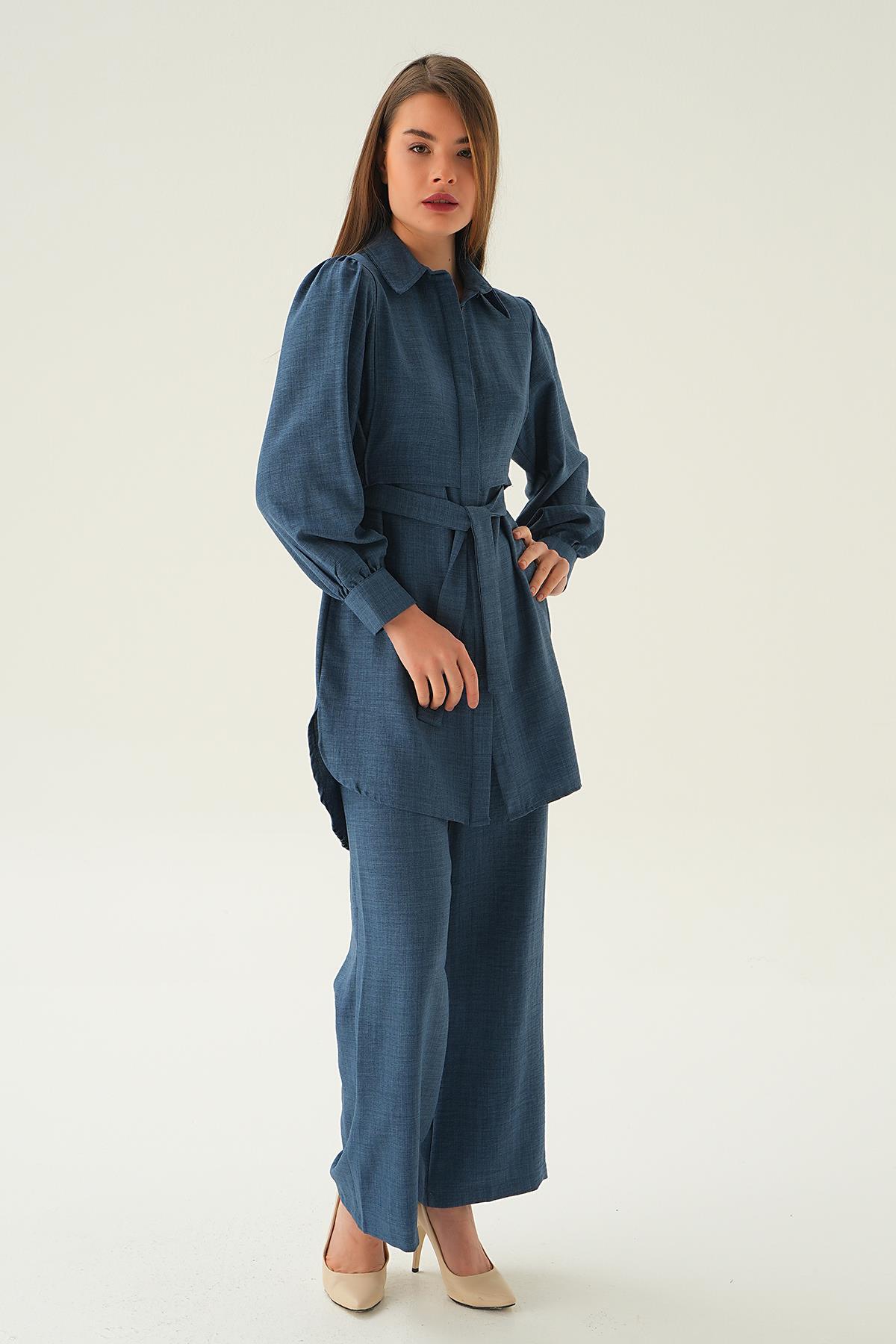 6835A Bağlamalı Tunik Pantolon Takım İndigo - 4