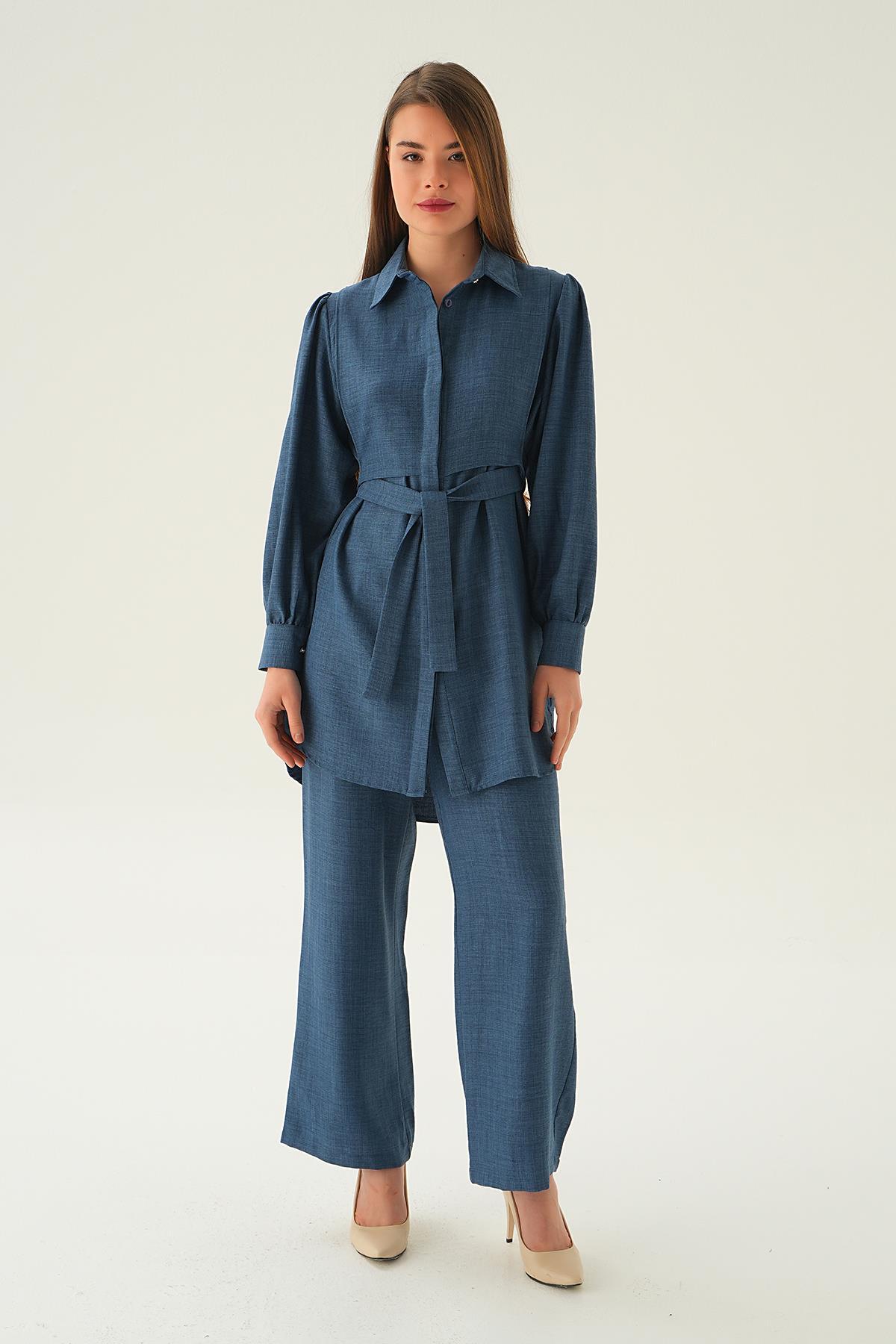 İndigo Bağlamalı Tunik Pantolon Takım 6835A 