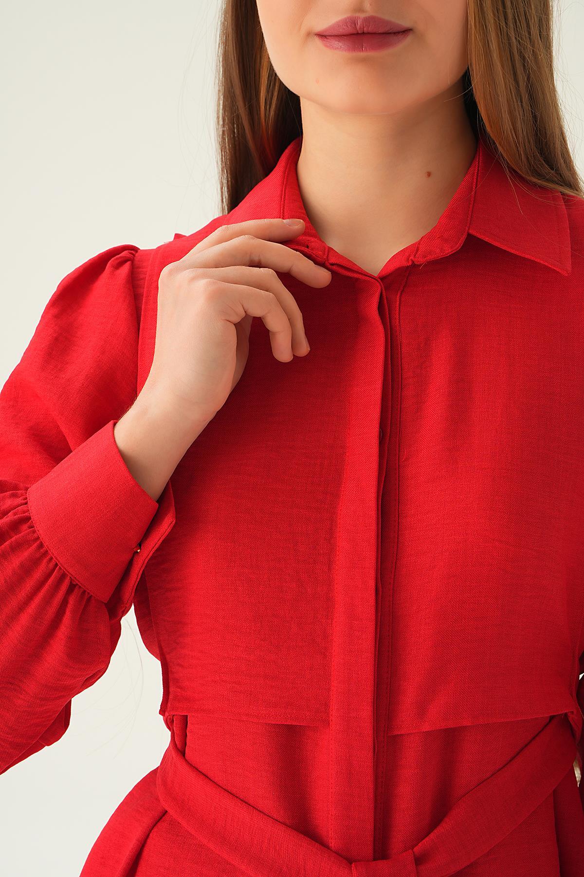 Kırmızı Bağlamalı Tunik Pantolon Takım 6835A - 2