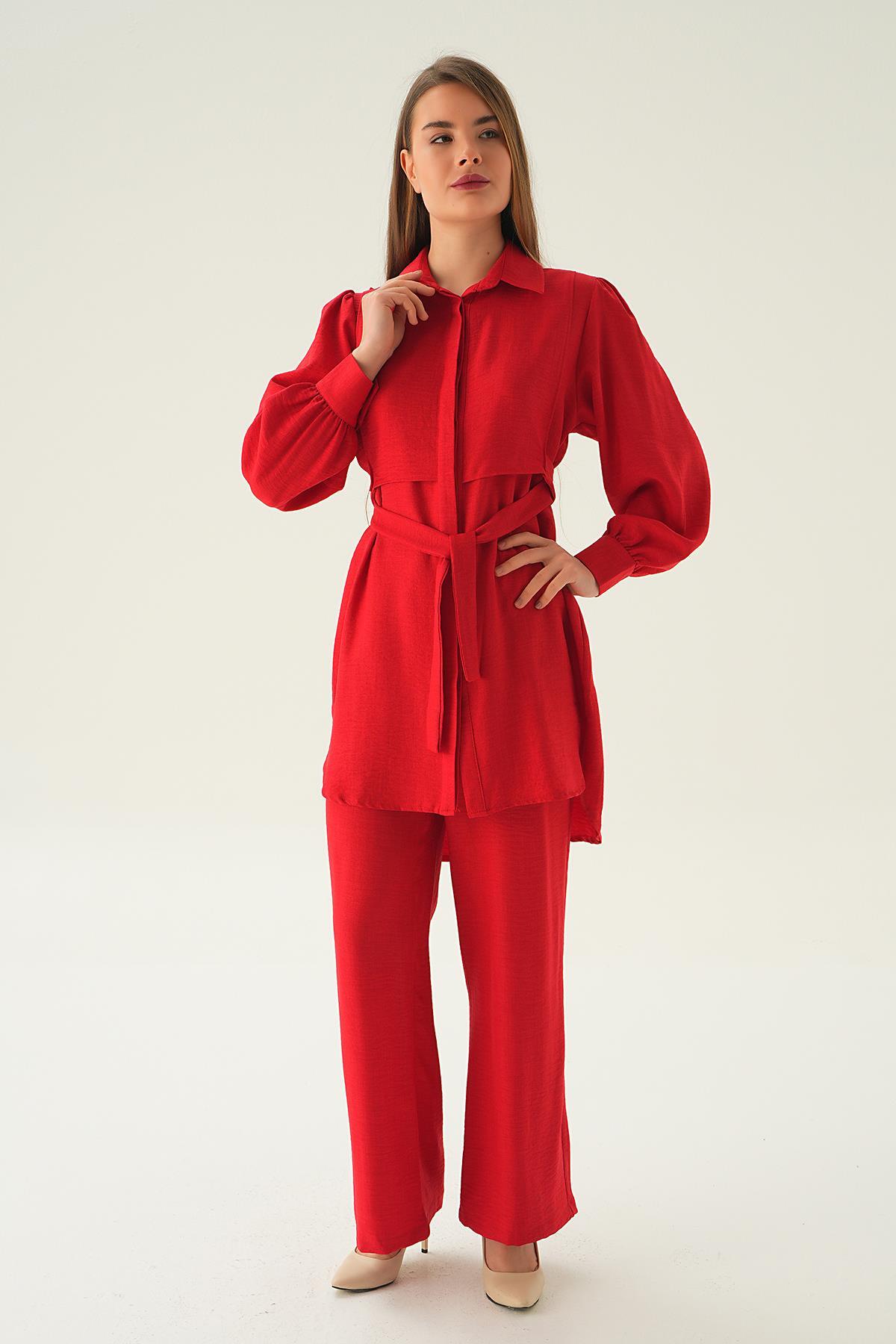 Kırmızı Bağlamalı Tunik Pantolon Takım 6835A - 3