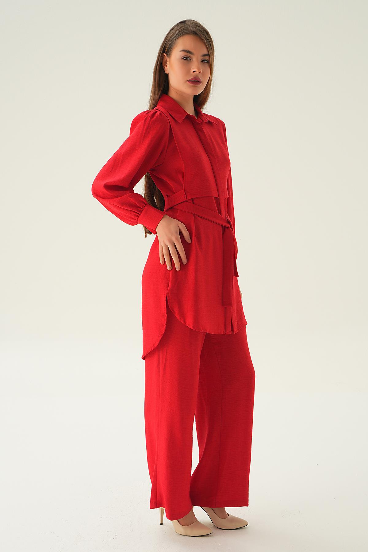 Kırmızı Bağlamalı Tunik Pantolon Takım 6835A - 4