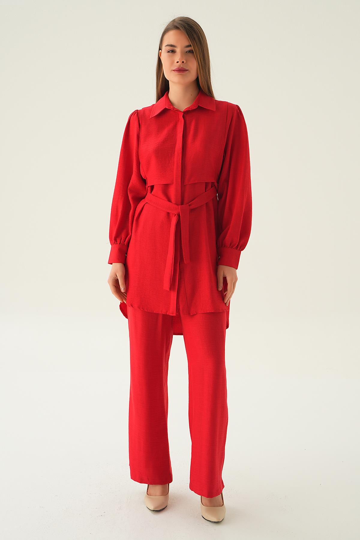 Kırmızı Bağlamalı Tunik Pantolon Takım 6835A - 5