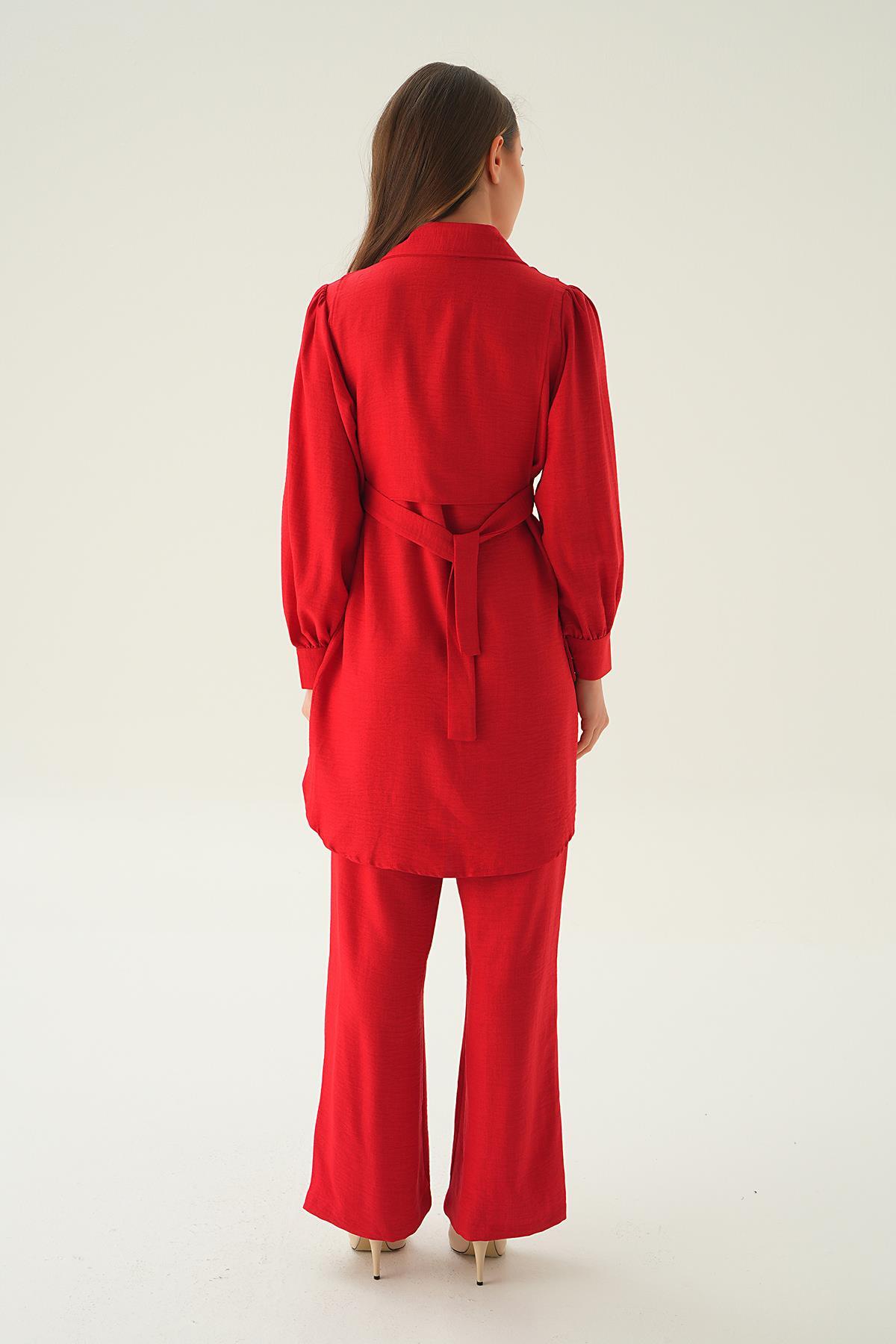 Kırmızı Bağlamalı Tunik Pantolon Takım 6835A - 6