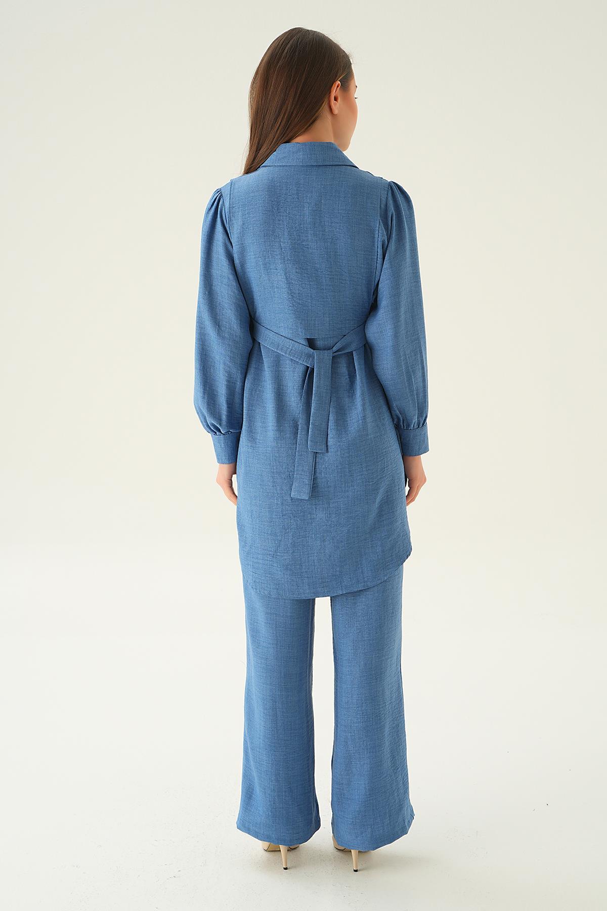 6835A Bağlamalı Tunik Pantolon Takım Mavi - 5