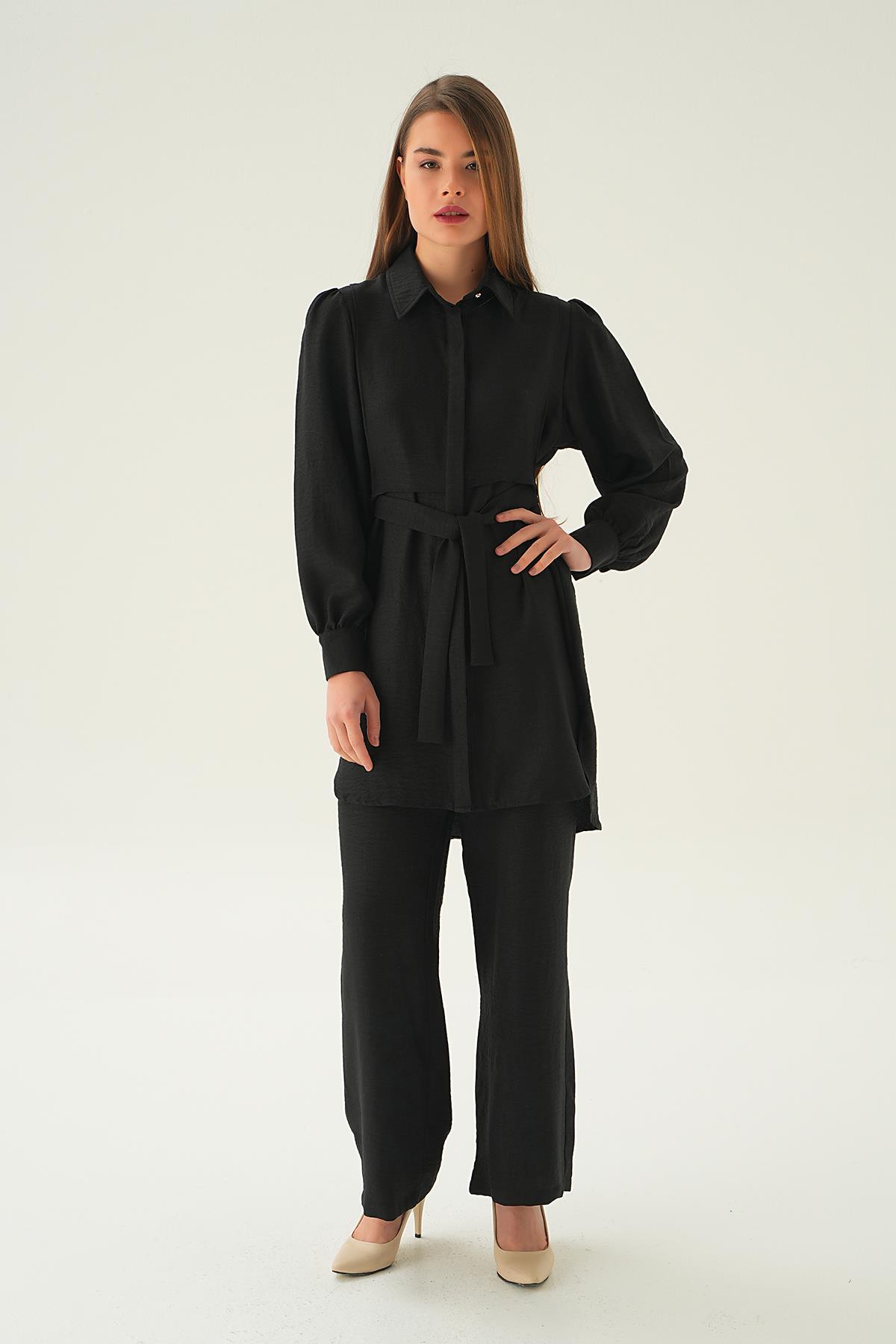 Siyah Bağlamalı Tunik Pantolon Takım 6835A - 1