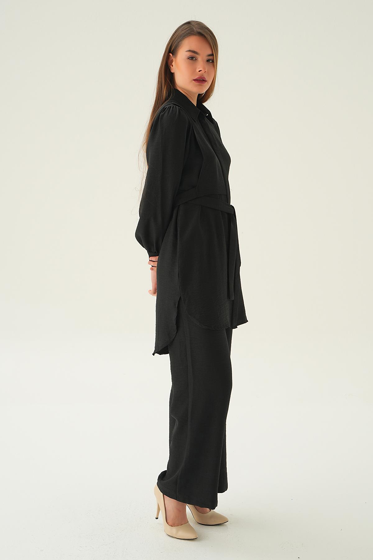 Siyah Bağlamalı Tunik Pantolon Takım 6835A - 4