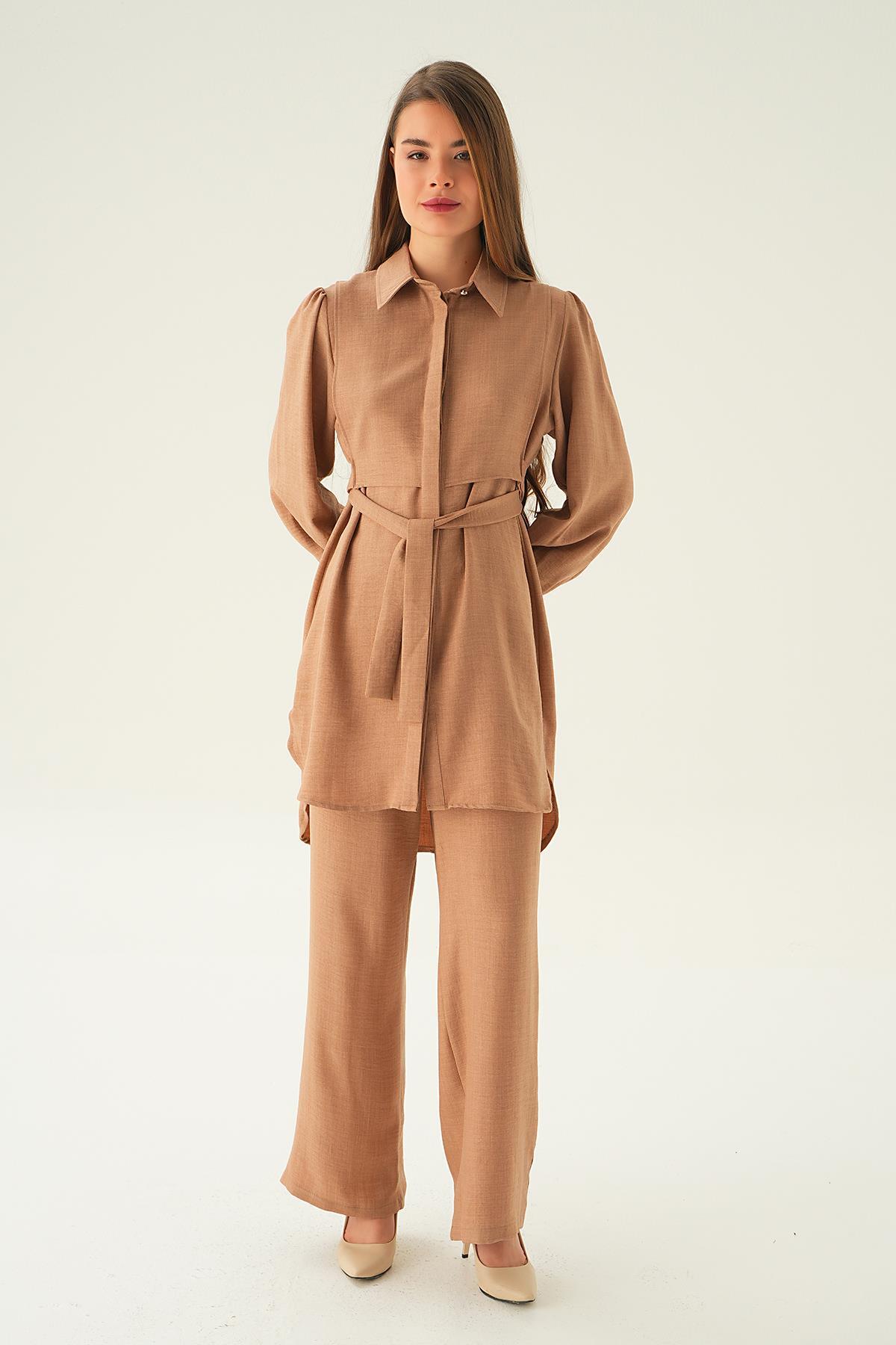 6835A Bağlamalı Tunik Pantolon Takım Vizon - 1